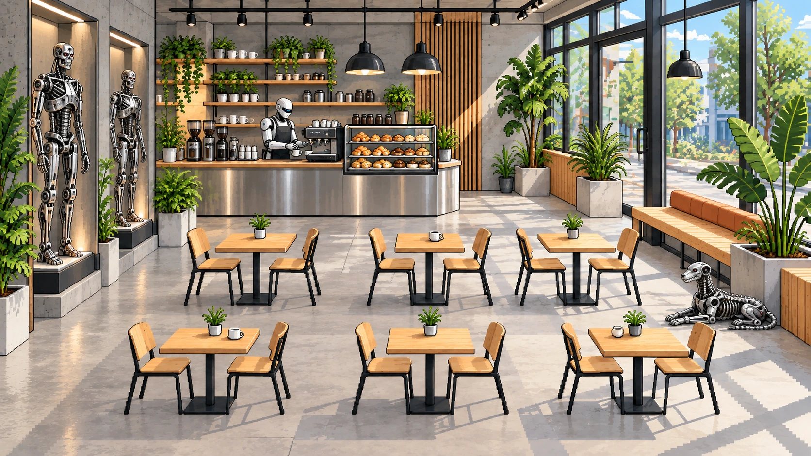 A daylight pixel-art loft café with chrome endoskeleton exhibits, a humanoid barista, a resting robot dog and six tables